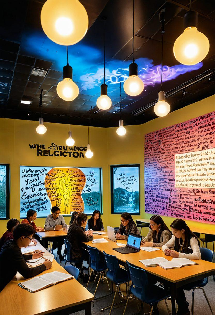A thought-provoking classroom scene with diverse students engaged in deep discussion around a large table filled with books and digital devices, emphasizing the importance of truth in education. Above them, a glowing light bulb symbolizes ideas, surrounded by question marks and quotation marks. The wall features a vibrant mural of famous thinkers and educators, highlighting critical reflection. warm lighting, realistic portrayal, vibrant colors.