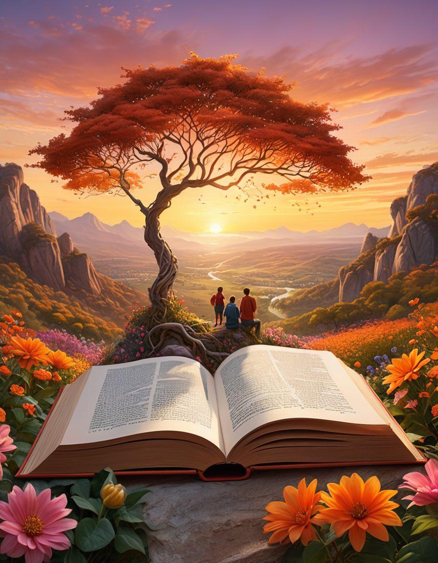 A vibrant, surreal landscape featuring diverse individuals of various cultures collaborating around a large, open book, symbolizing knowledge and learning. The background showcases a beautiful sunset, casting warm colors over the scene, with intertwined vines and flowers representing growth and exploration. The atmosphere should evoke a sense of unity and curiosity, inviting viewers to embark on a journey of understanding together. super-realistic. vibrant colors. warm tones.