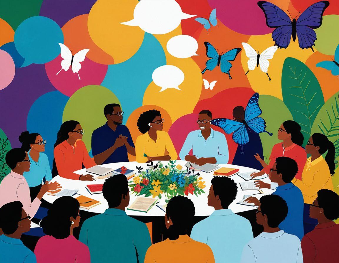A vibrant community gathering showcasing diverse individuals engaged in a lively debate, set against a colorful backdrop of books and learning materials. Incorporate elements of dialogue bubbles and symbols of transformation, such as butterflies or flowering plants, to represent growth in knowledge. The setting should feel dynamic and inclusive, emphasizing connection and creativity. super-realistic. vibrant colors. white background.